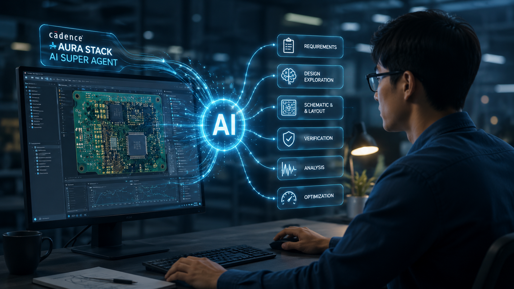 Cadence AuraStack AI Super Agent와 PCB 설계자의 미래를 상징하는 이미지